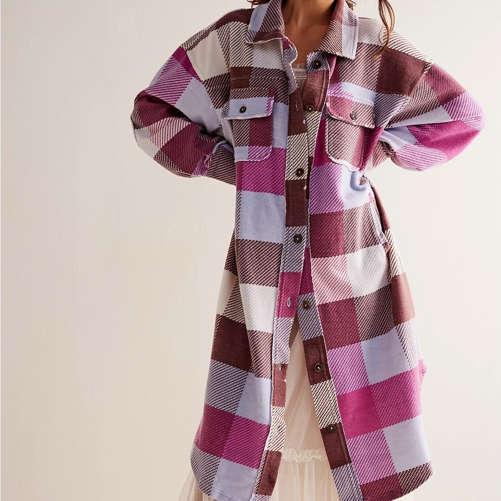 Free People Plaid Long Ruby Shirt Jacket Pink and Blue - Size XS